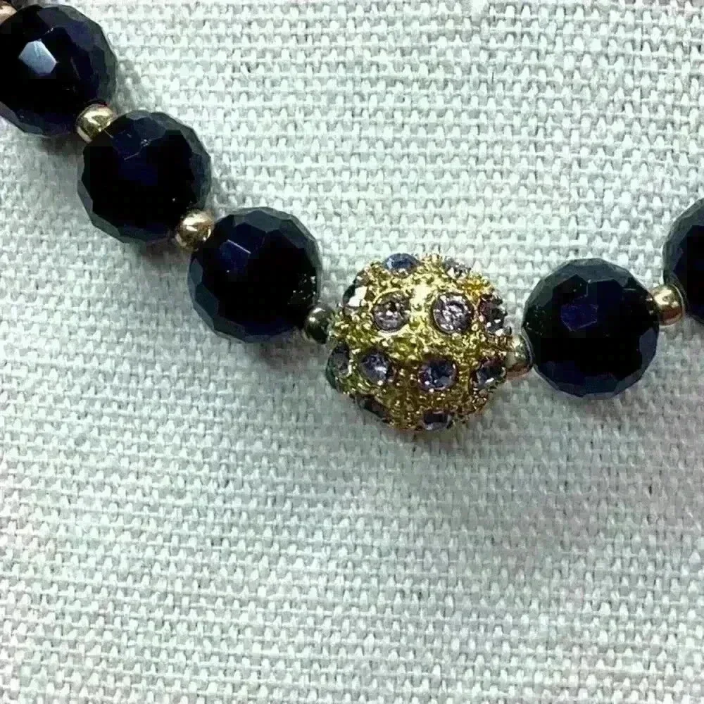 Vintage Monet Black Faceted Glass Beaded Necklace Rhinestone Disco Ball Pendant